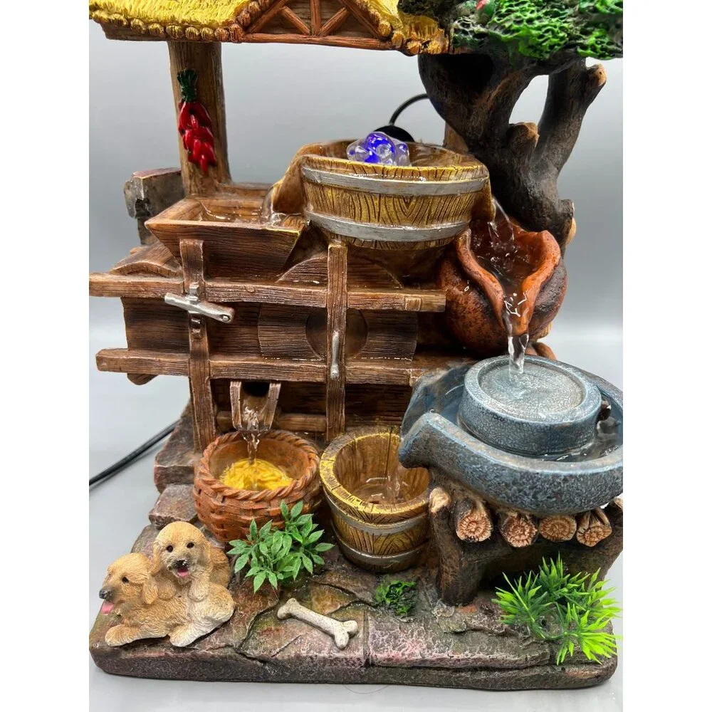 Rustic LED Tabletop Fountain With Water Mill, Dog Figurines & Tree Design 12x10